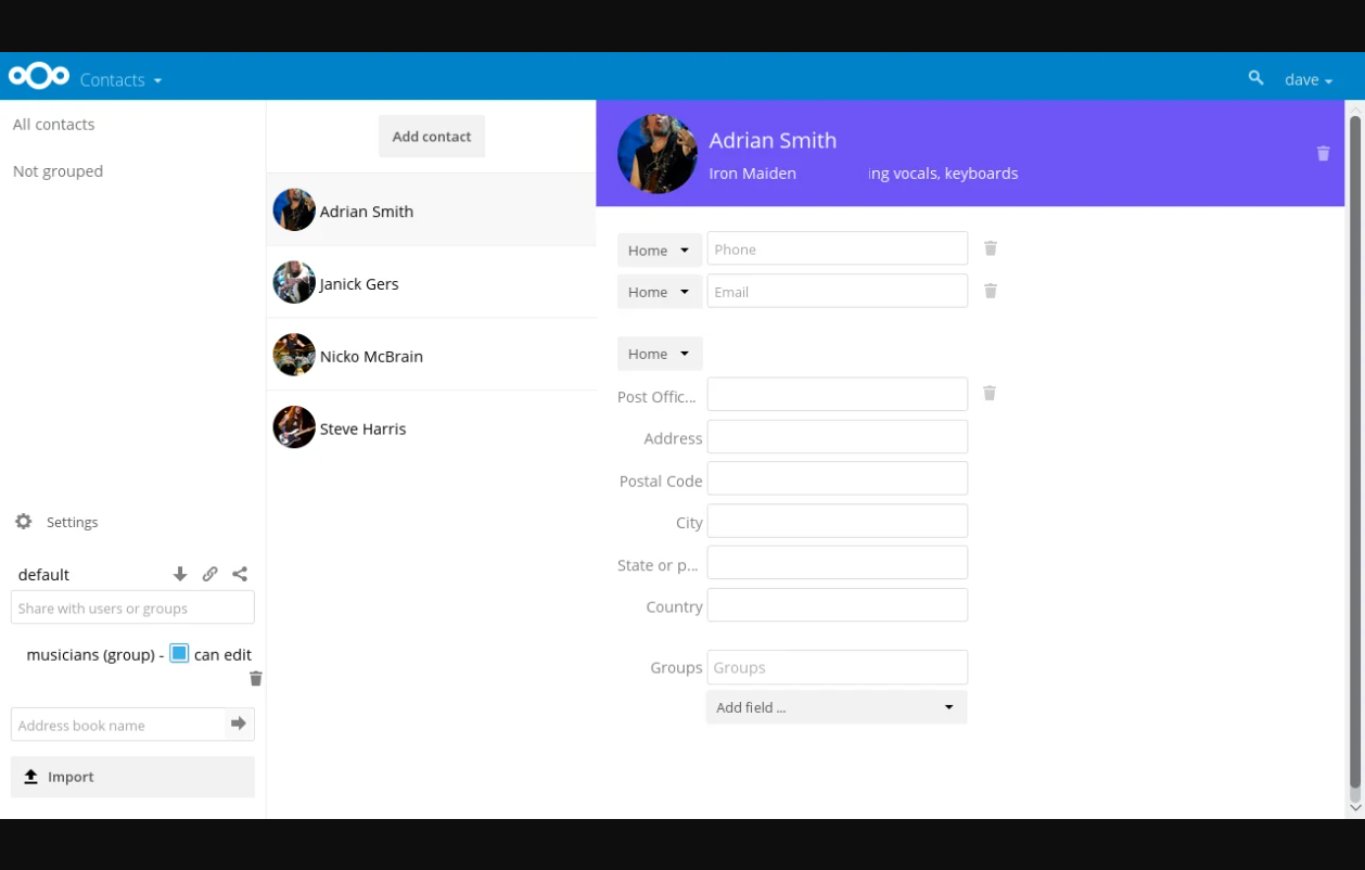 Startseite von Nextcloud Contacts